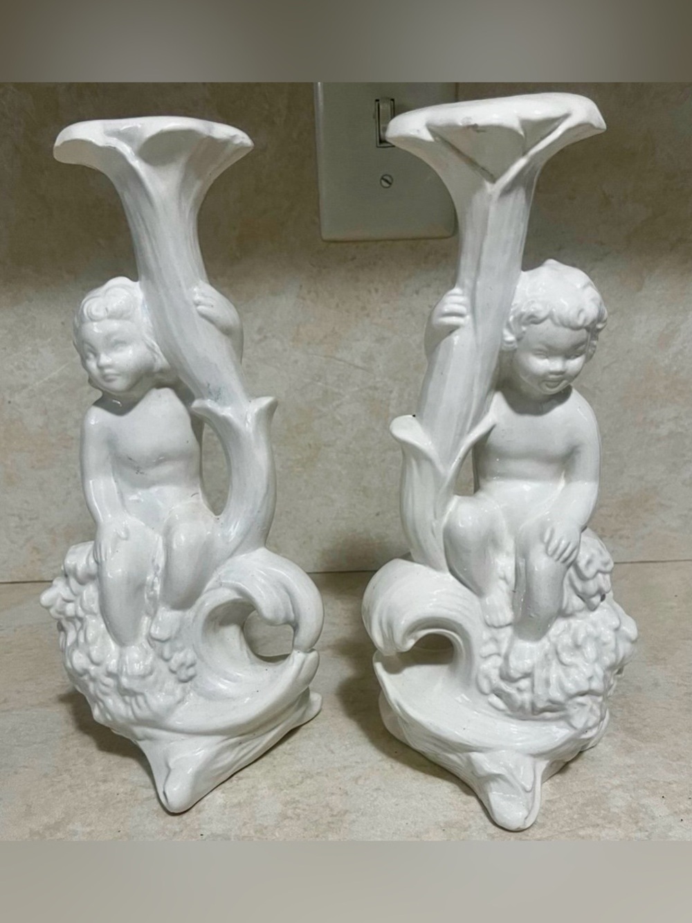 White Ceramic Cherubs- Set of 2